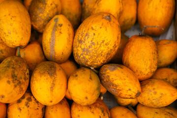 Fruits and vegetables at a local market in Sri lanka. Tropical or exotic fruits on the street in...