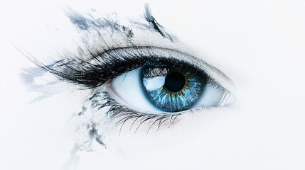 Fototapeta premium a closeup of a vibrant blue eye with detailed lashes and abstract black and white artistic textures surrounding it 