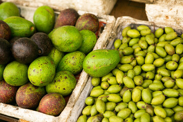 Fruits and vegetables at a local market in Sri lanka. Tropical or exotic fruits on the street in...