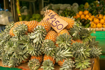 Fruits and vegetables at a local market in Sri lanka. Tropical or exotic fruits on the street in...