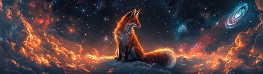 A lone fox sits on a cloud in a vast, starry sky.