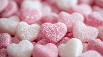 Obraz premium Pink and White Heart-Shaped Candies for Happy Chocolate Day Celebrate Sweetness of Relationship.