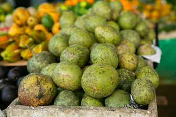 Fruits and vegetables at a local market in Sri lanka. Tropical or exotic fruits on the street in Asia.