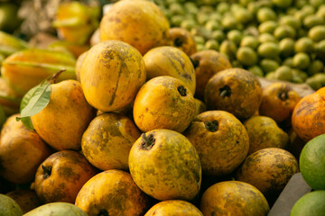 Fruits and vegetables at a local market in Sri lanka. Tropical or exotic fruits on the street in Asia.