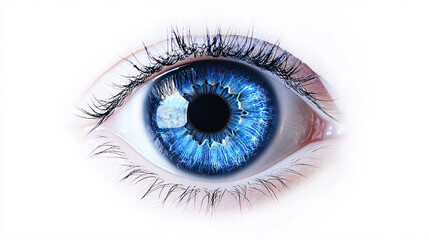 A close-up of a bright blue eye with intricate iris details on a clean white background emphasizing clarity and focus
