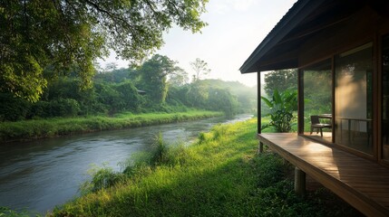 Serene riverside retreat with a wooden cabin, green foliage, and a tranquil river under soft morning light showcasing nature's beauty and peaceful ambiance