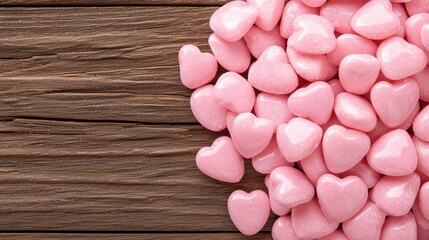 Fototapeta premium Pink Heart Shaped Candies on Rustic Brown Wooden Background Valentine s Day Love Romance Concept