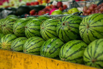 Fruits and vegetables at a local market in Sri lanka. Tropical or exotic fruits on the street in Asia.