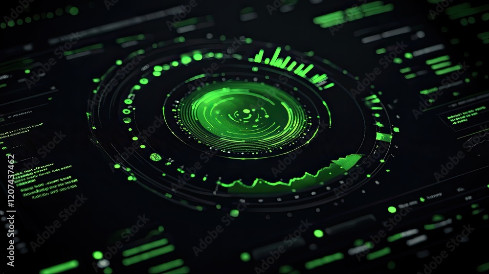 Poster futuristic green digital interface with concentric circles and data visualizations