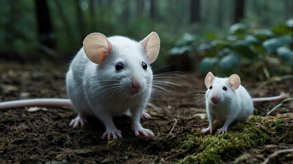 Image prompt The small white mouse looks up a landscape in a forest background,