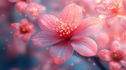 Fototapeta premium Pink Blossom in Dew with Soft Focus