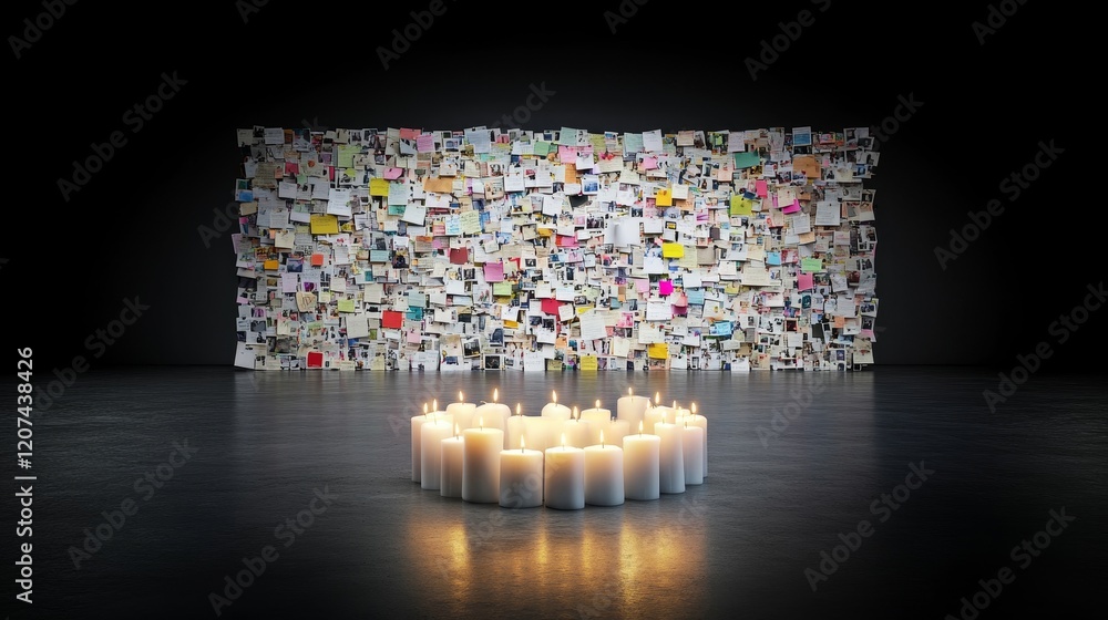 Poster a contemplative space featuring softly glowing candles in a circle surrounding a wall covered in col