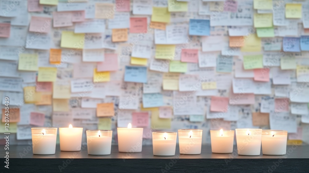 Poster A Serene Arrangement of Lit Candles in Front of a Colorful Board Filled with Notes and Reminders, Perfect for Creating a Relaxed and Reflective Atmosphere