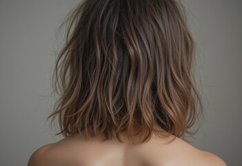 Fototapeta premium A close-up of a persons back view showcasing wavy, shoulder-length hair, perfect for beauty and haircare themes, capturing texture and natural beauty.
