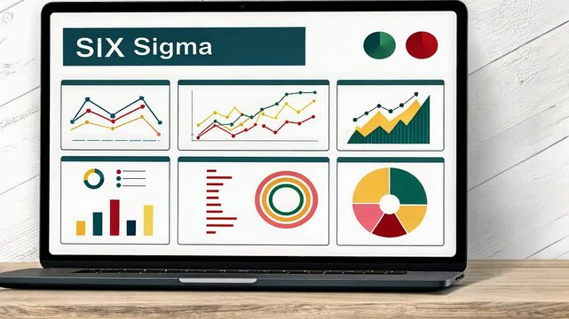 Six Sigma and DMAIC concept. Laptop displaying Six Sigma data and charts.