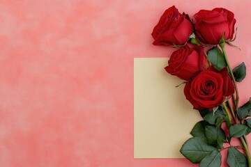 Valentine's Day Love Letter and Red Roses on Pink Background Closeup Image.