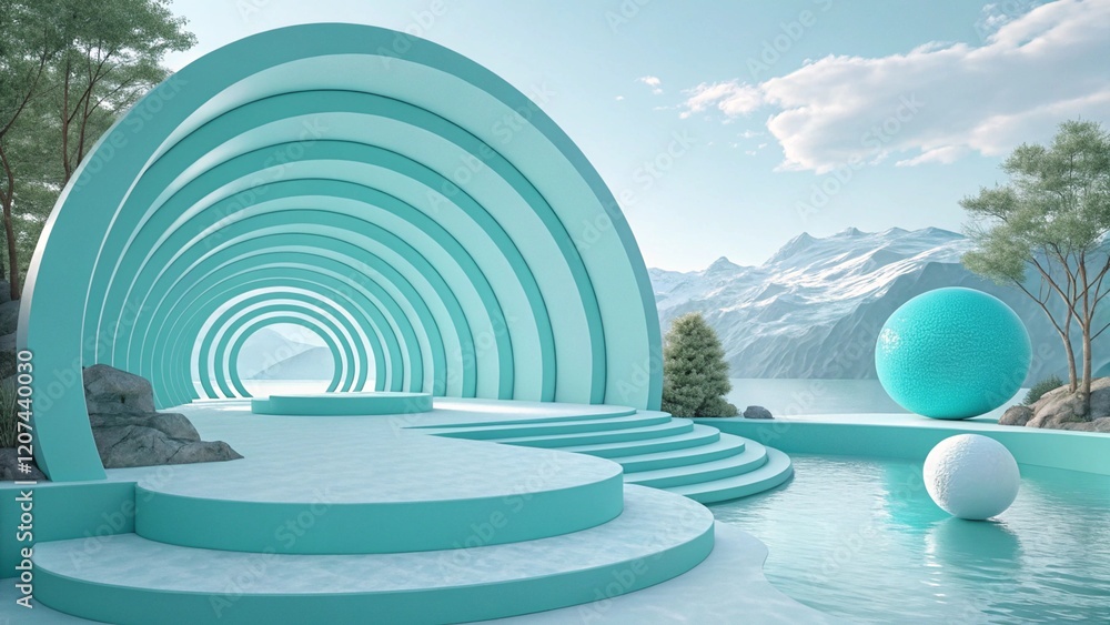 Aufkleber Clean and simple 3d render illustration. Abstract rings background for business presentation. Radial bright pattern concept. Modern surface texture. Minimal design, light color, digital layout