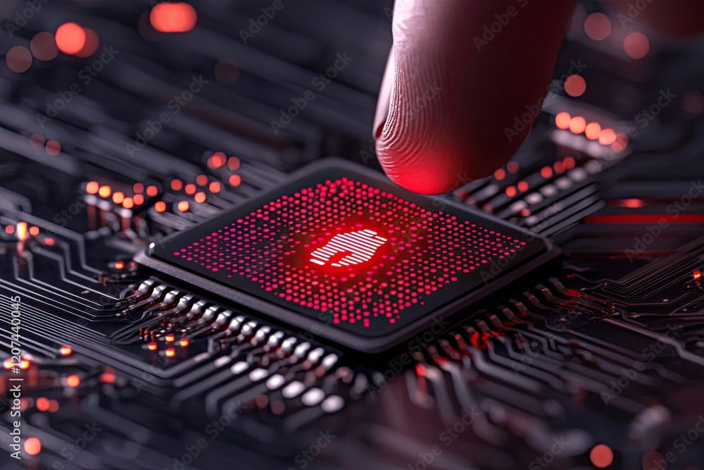 Aufkleber fingerprint authentication on a glowing red circuit board chip.