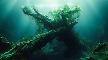 Fototapeta premium Beautifully Designed Aquascape Aquarium with Driftwood, Lush Aquatic Plants, and Unique Submerged Forest Landscape, Creating a Natural and Serene Underwater Environment 