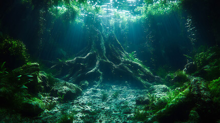 Beautifully Designed Aquascape Aquarium with Driftwood, Lush Aquatic Plants, and Unique Submerged Forest Landscape, Creating a Natural and Serene Underwater Environment 