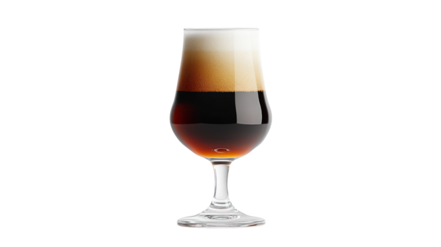 A beautifully crafted glass of dark beer with a creamy foam top, showcasing rich textures and colors perfect for beverage enthusiasts.