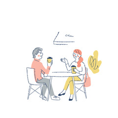 オープンカフェでくつろぐ若いカップル