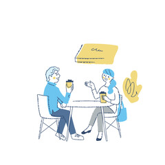 オープンカフェでくつろぐ若いカップル