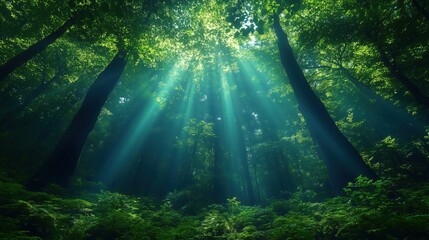 Obraz premium Sunbeams filtering through a lush green canopy in a tranquil forest create a magical atmosphere, illuminating ferns and undergrowth in nature's captivating beauty