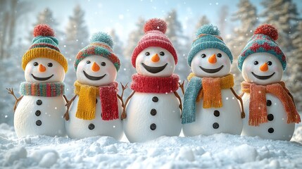 Cheerful snowmen wearing colorful hats and scarves stand together in a snowy landscape with trees