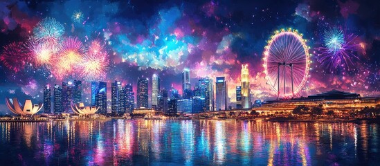 Fototapeta premium A vibrant cityscape with a ferris wheel and fireworks illuminating the night sky.