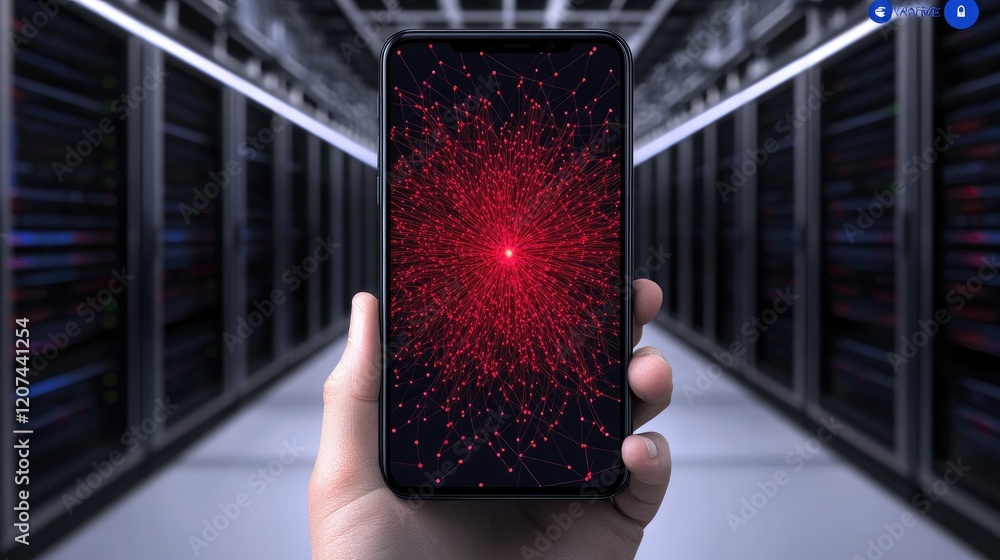 Poster smartphone displaying network data in a server room