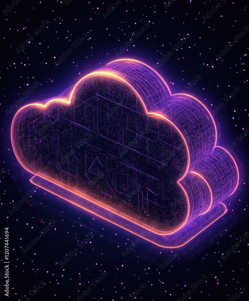 Poster neon cloud computing network: digital data storage and processing