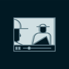 Line Online play video icon isolated on black background. Film strip with play sign. Flat filled outline style with shadow. Vector