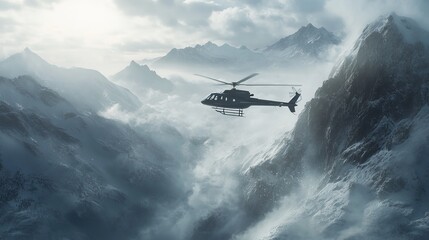A black helicopter flies between snowy mountain peaks.  It's a luxurious winter vacation tour.