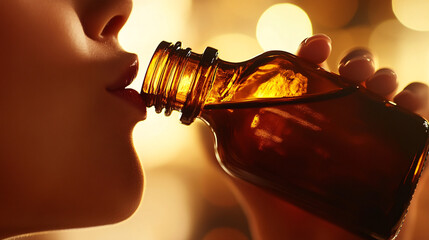 a close-up of a person sipping from an amber glass bottle with golden liquid and warm blurred background bokeh
