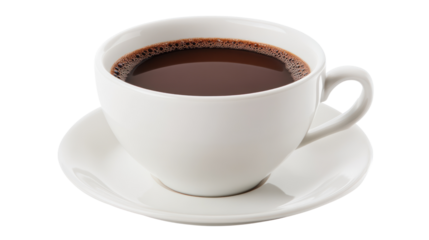 A classic white cup filled with rich black coffee, sitting on a matching saucer against a clean white background, perfect for beverage-related content.