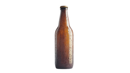 A clear glass bottle of amber beverage, isolated on a white background, showcasing condensation on the surface, ideal for drink-related content.