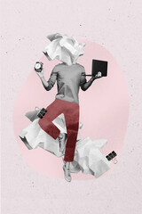 Template sketch trend artwork 3D photo collage of young guy student caricature headless paper ball...