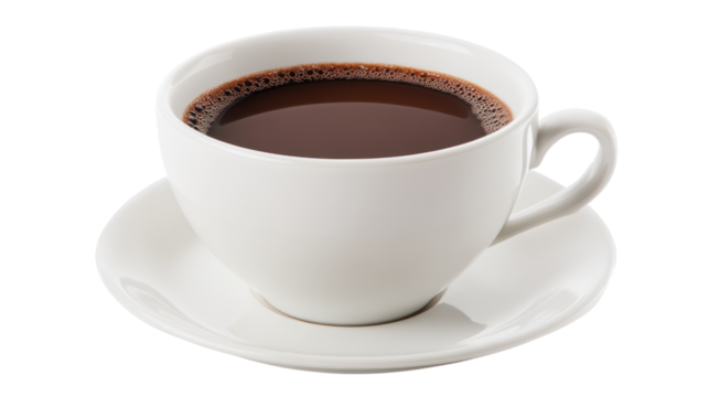 A classic white cup filled with rich black coffee, sitting on a matching saucer against a clean white background, perfect for beverage-related content.