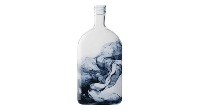 A clear glass bottle featuring swirling blue ink, creating an artistic effect against a white isolated background.