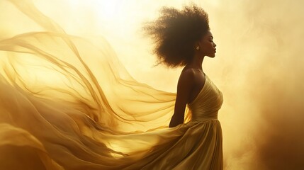 A Black woman with an Afro hairstyle wears a flowing gold dress.  The dress billows in the wind as she looks away from a bright light.  The scene is artistic and dreamy.