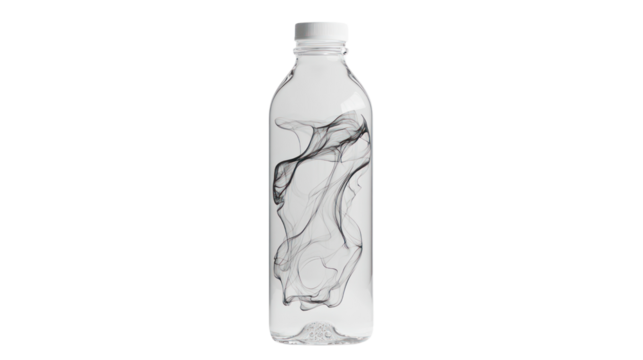 A clear plastic bottle filled with swirling liquid, showcasing dynamic patterns inside, against a white isolate background.