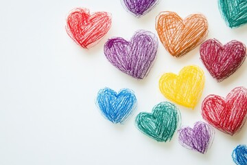 A collection of hand-drawn hearts in various colors for Valentine's Day celebration.