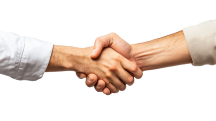 A close-up of two hands shaking, symbolizing agreement and partnership, on a transparent background.