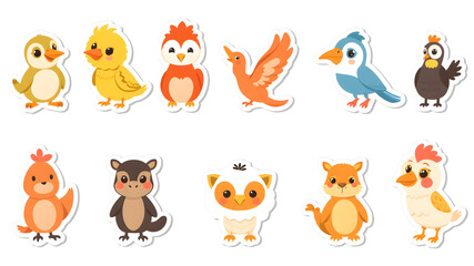 Obraz premium Cartoon animal, bird round stickers, avatars. Flat style vector illustrations clipart collection of cute animals characters. Pets, farm, zoo icon set for baby clothes, card, Generative AI