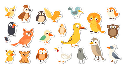 Cartoon animal, bird round stickers, avatars. Flat style vector illustrations clipart collection of cute animals characters. Pets, farm, zoo icon set for baby clothes, card, Generative AI