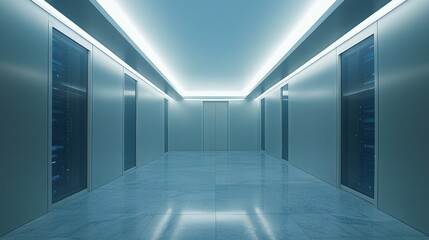 Modern server room corridor with glowing doors.