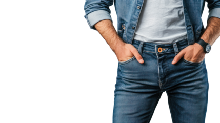 A close-up view of a man's outfit featuring denim jeans and a casual shirt. Hands are in pockets, creating a relaxed, stylish look.