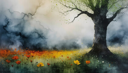 A painting of a solitary tree in the middle of a field of flowers.