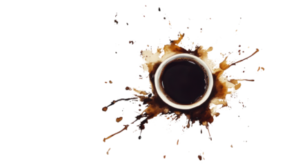 A coffee cup spills over a white background, creating an artistic splash of dark liquid. Perfect for representing energy and morning routines.